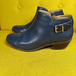 VIONIC Millie Zipper Navy Leather Ankle Comfort Boot Buckle Women's Shoe Sz 9.5